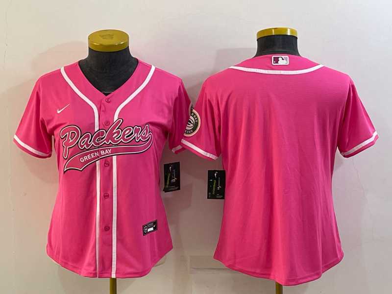Women%27s Green Bay Packers Blank Pink With Patch Cool Base Stitched Baseball Jersey